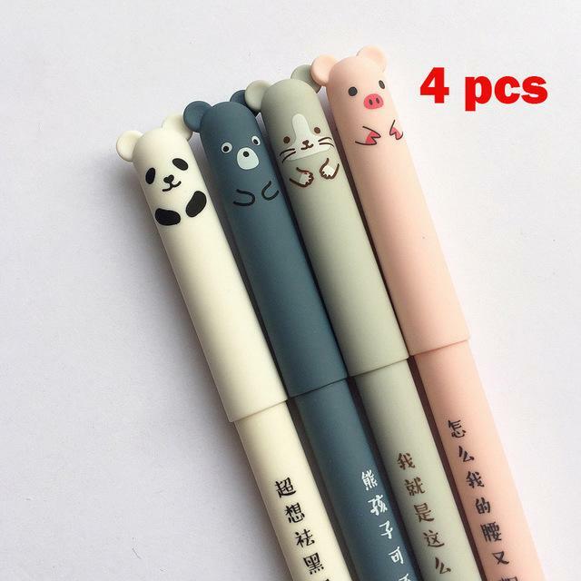 4 Pcs/set Kawaii Pig Bear Cat Mouse Erasable Gel Pen School Office Supplies Stationery Gift 0.35mm Blue Black Ink Writing Pen