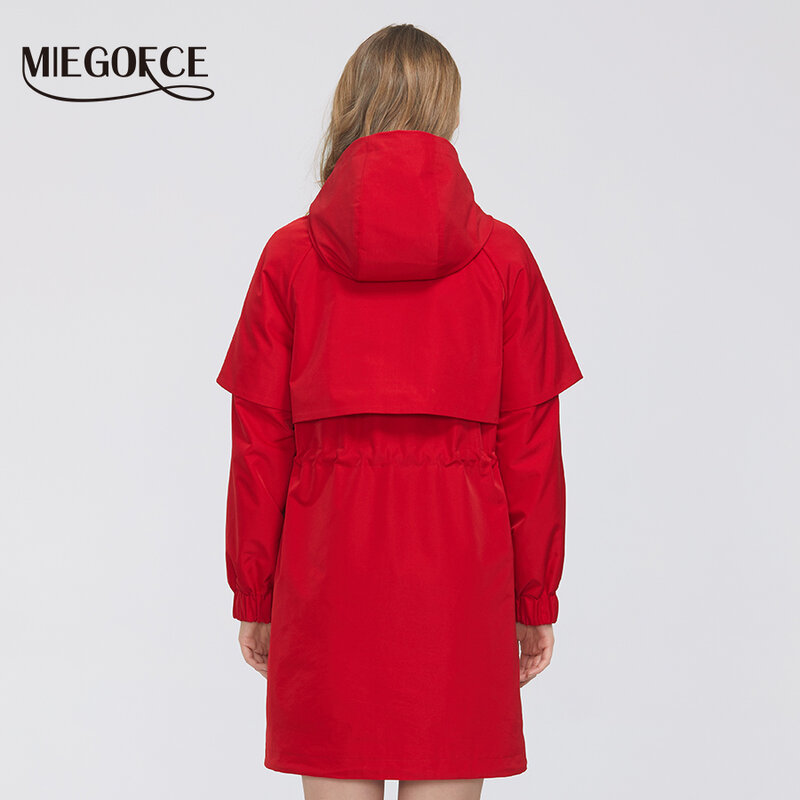 Miegofce 2021 nova primavera casaco feminino jaqueta windbreaker moda de comprimento médio solto clássico modelo cabido bolsos com zíper