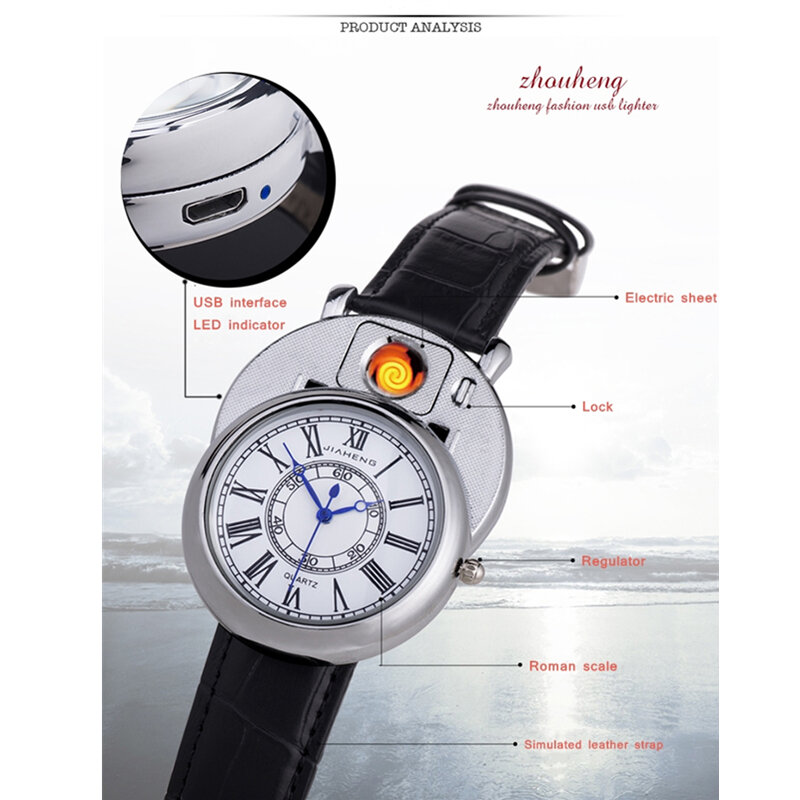 ไฟแช็กนาฬิกา USB เปลี่ยนได้ลวดความร้อนกลางแจ้ง Flameless แฟชั่น Mens ไฟแช็ก Quartz ของขวัญนาฬิกา JH358-1 1Pc
