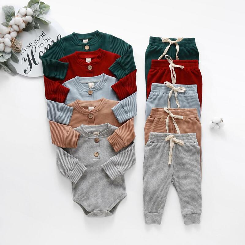 Baby Girls Boys Autumn Clothes Sets Fall Infant Newborn Long Sleeve Ribbed Bodysuits + Elastic Pants Solid Outfit 0-24M