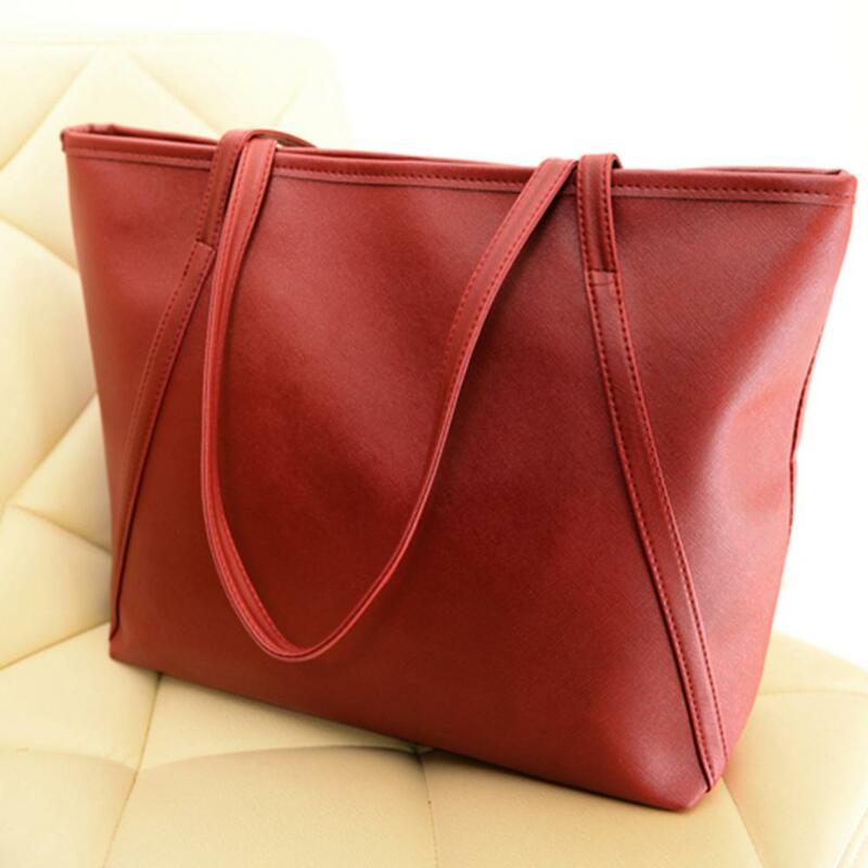 Korean style Fashion Women Faux Leather Handbag Solid Color Tote Bag Zipper Big Fashion Shoulder Bags  Travel Tote