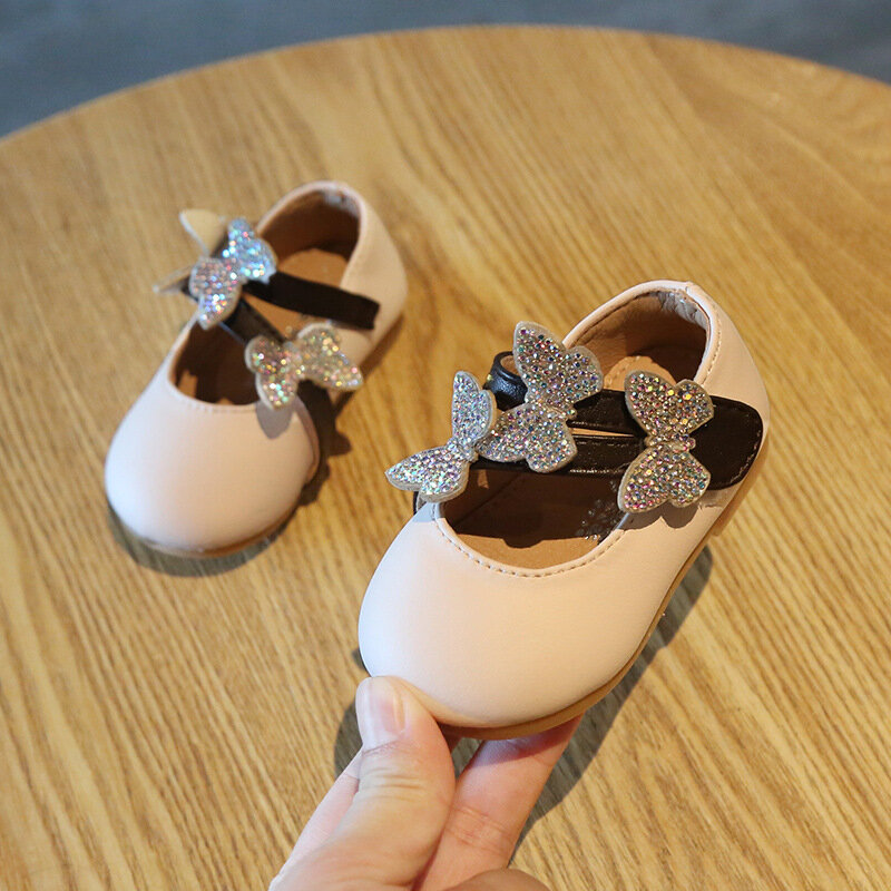 حذاء أميرة مزين بالترتر ، حذاء أطفال من الجلد الناعم ، نعل فراشة