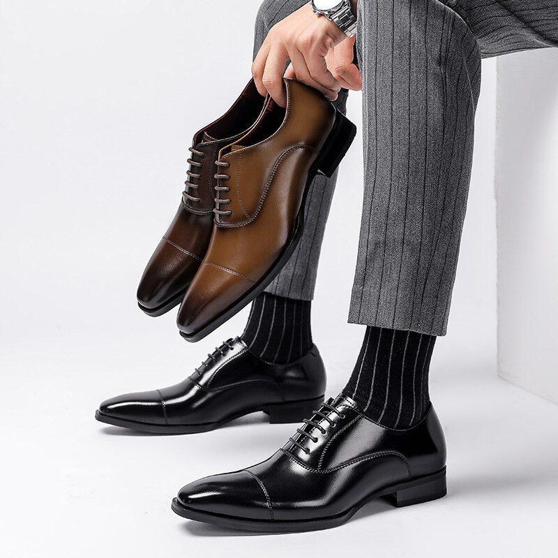 Oxford Gaun Pengantin Pria Formal Kantor Sepatu Pria Terbaik Hitam Kulit Asli Asli Sepatu Desainer Bisnis Kasual