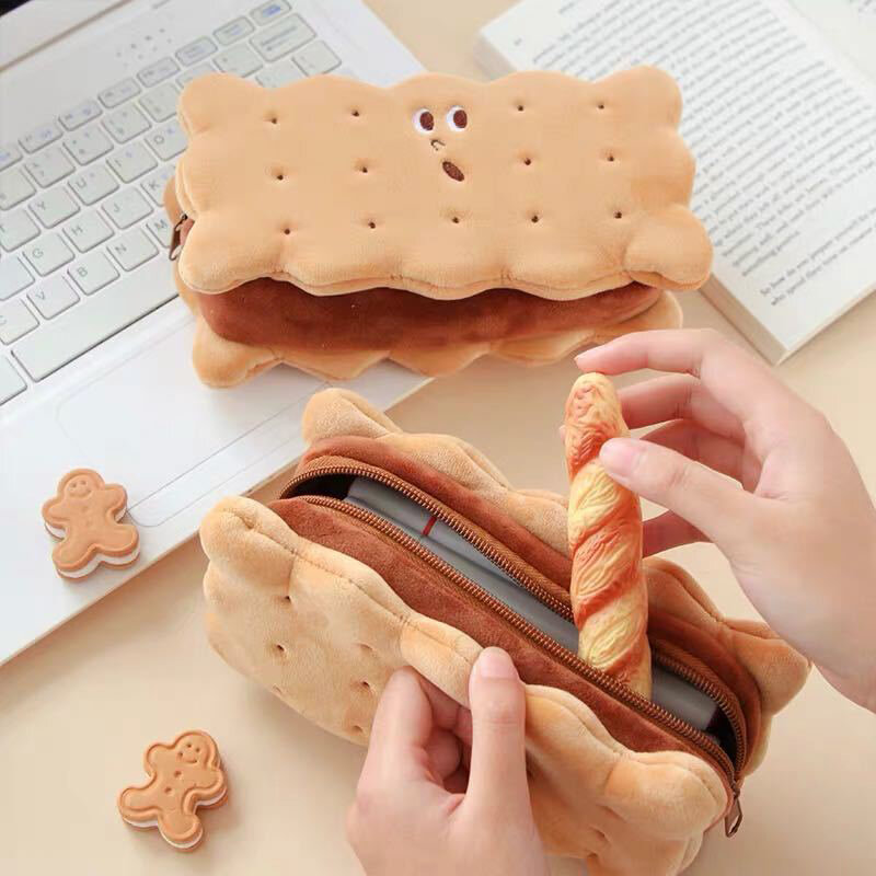 Cute Biscuit Shape Pencil Box Plush Cookies Pencil Bag Large-capacity Pencil Case Student Gift Stationery Box Students Supplies