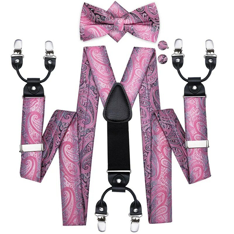 Hi-Tie Silk Clip On Mens Suspenders Adjustable Braces Bow tie Pocket Square Cufflinks Brooch Set For Men 3.5cm Width Elastic