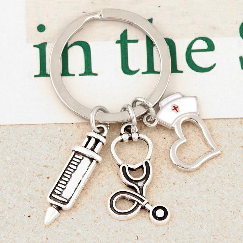Heart shaped nurse cap needle syringe stethoscope key chain medical key chain