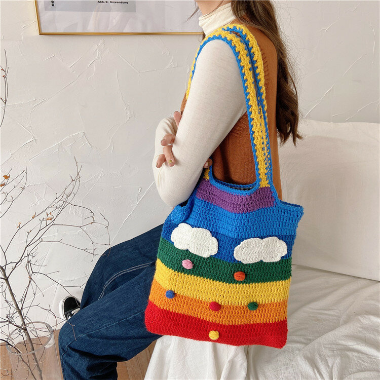 Women Crossbody Bags Rainbow Colorful Knitting Handbags 2021 Fashion Sweet Hand Shoulder Bag Purses Casual Girls Korean Style