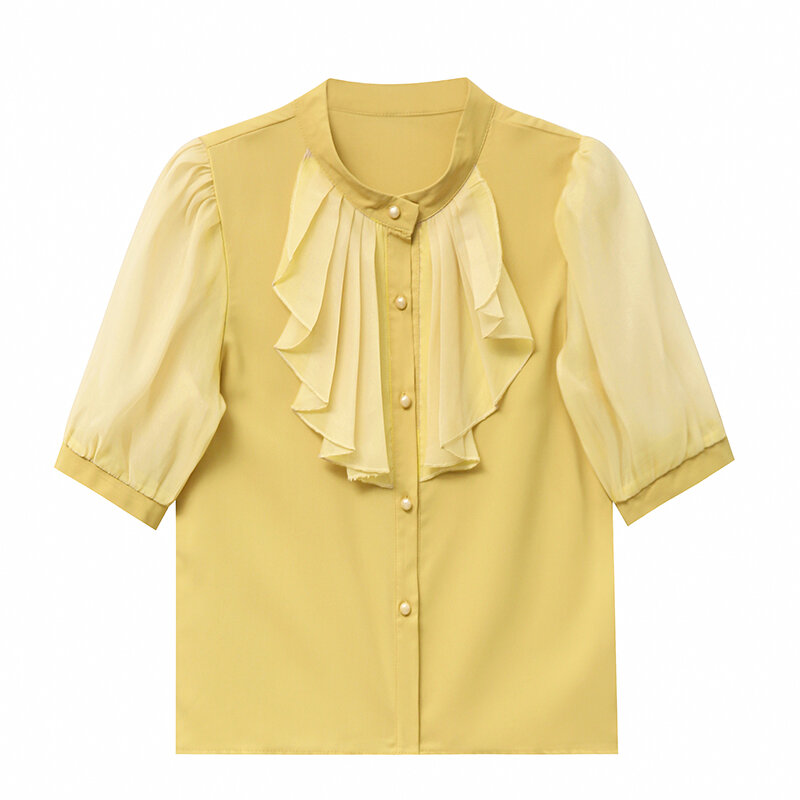 Новинка лета 2021, рубашка с вертикальным воротником и рукавами-фонариками, дизайнерская нишевая рубашка с коротким рукавом и бантом