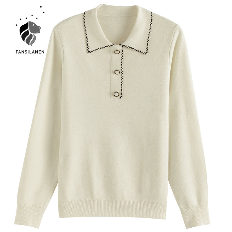 FANSILANEN Retro White Polo Knitted Sweater Women Autumn Winter Elegant Warm Pullovers Female Embroidery Casual Jumper Tops 2020