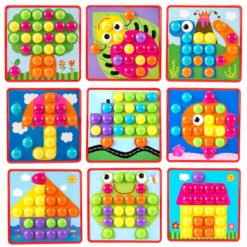Kids 3D Puzzles Toy Colorful Buttons Assembling Mushrooms Nails Kit Baby Creative Mosaic Picture Puzzles Board Educational Toys