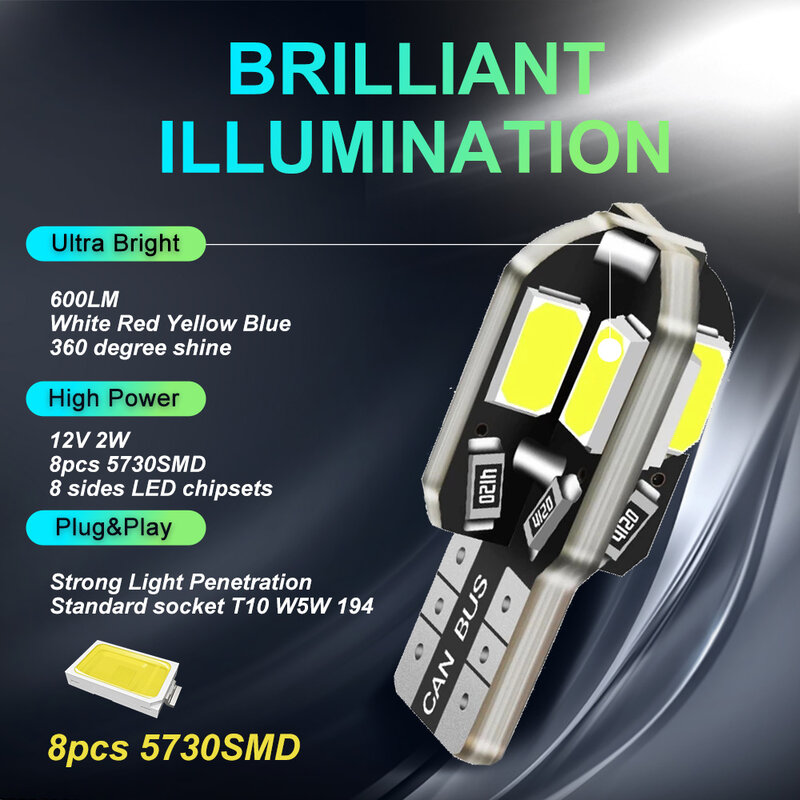 Bombillas LED Canbus W5W T10 para Interior de coche, luz de estacionamiento, lámpara de señal automática, 5730 8SMD, 12V, 6000K, 194, 168, 20 piezas