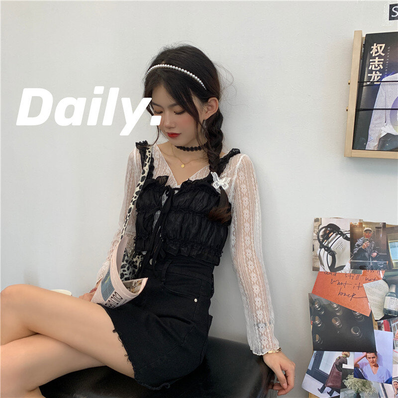 Korean Chic Sweet Suspender White Hollowed Out Navel Lace Shirt Overlapping Artifact Lace Small Vest Female