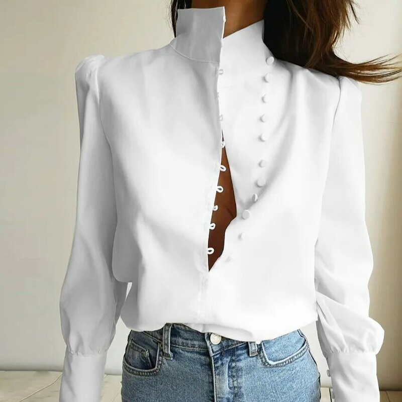 Camisa blanca de manga larga para mujer, blusa elegante de cuello alto para oficina y primavera, blusa informal lisa con manga abombada de un solo pecho