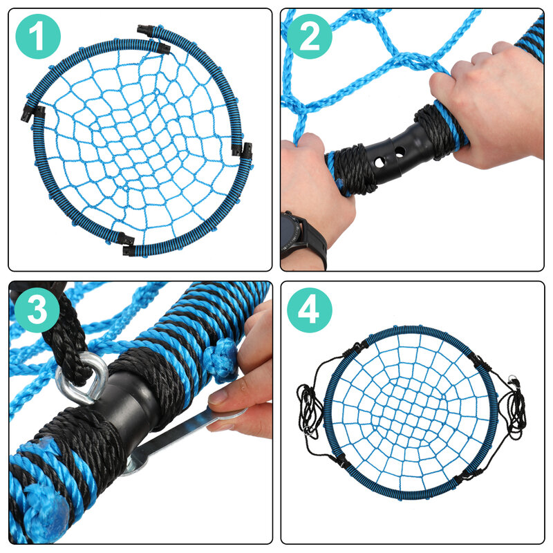 Spider Web Round Rope Swing Adjustable Ropes 2 Carabiners Blue Black 40 Inch Patio Swings Outdoor Garden Sea Seat Child Adult