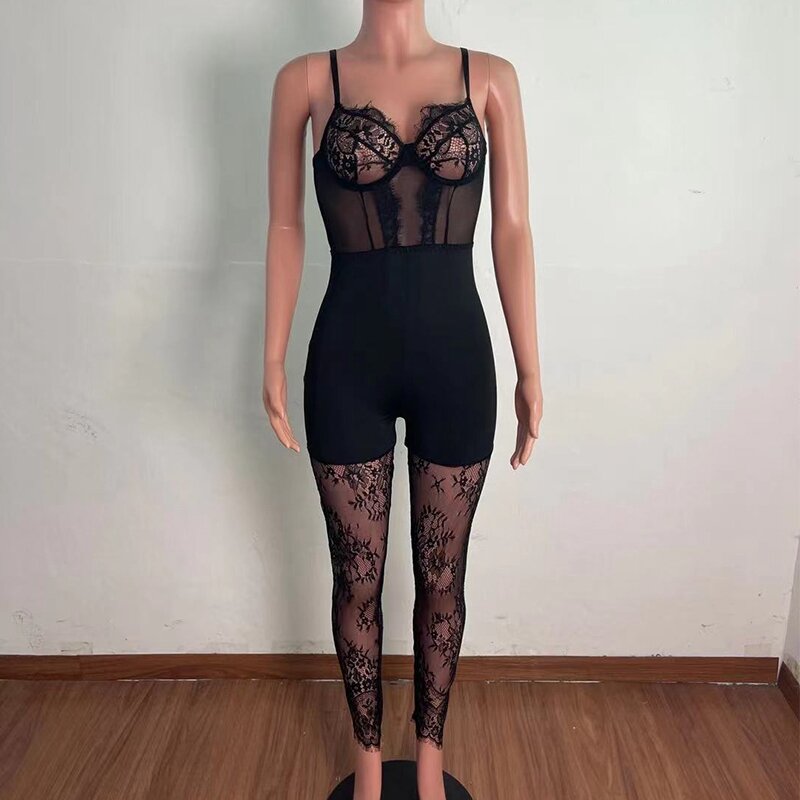 Lace Patchwork See Through Women Jumpsuits Black Spaghetti Strap Skinny One Piece Playsuit Summer Sexy Nightclub Party Outfits