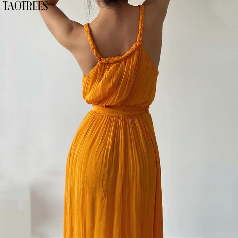 Taotrees-Vestido largo amarillo con cinturón para mujer, vestido bohemio sexi para fiesta y Club