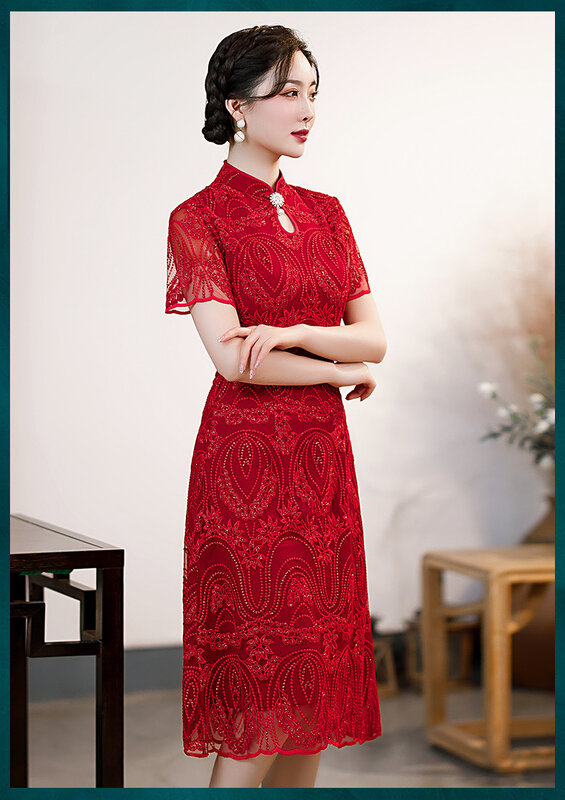 Qipao 웨딩 드레스, 빨간 레이스 드레스, 중간 길이 스탠드 칼라 웨딩 중국 스타일 개선 패션 치파오