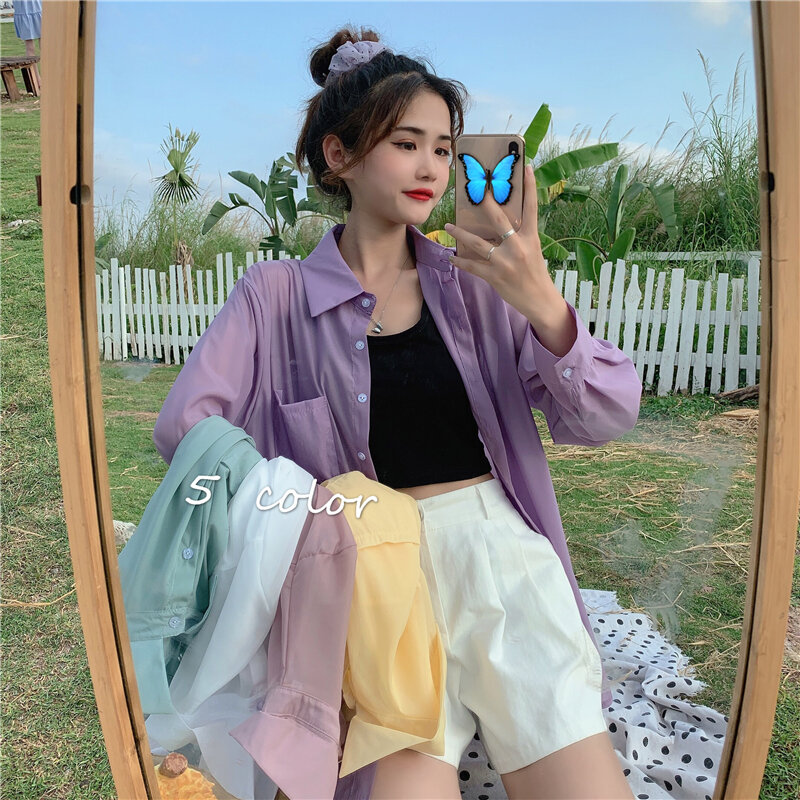 얼음 실크 태양 보호 셔츠 여성의 얇은 여름 2021 새로운 한국어 스타일 모든 일치하는 카디건 자켓 순수한 색상 슬리밍 야외