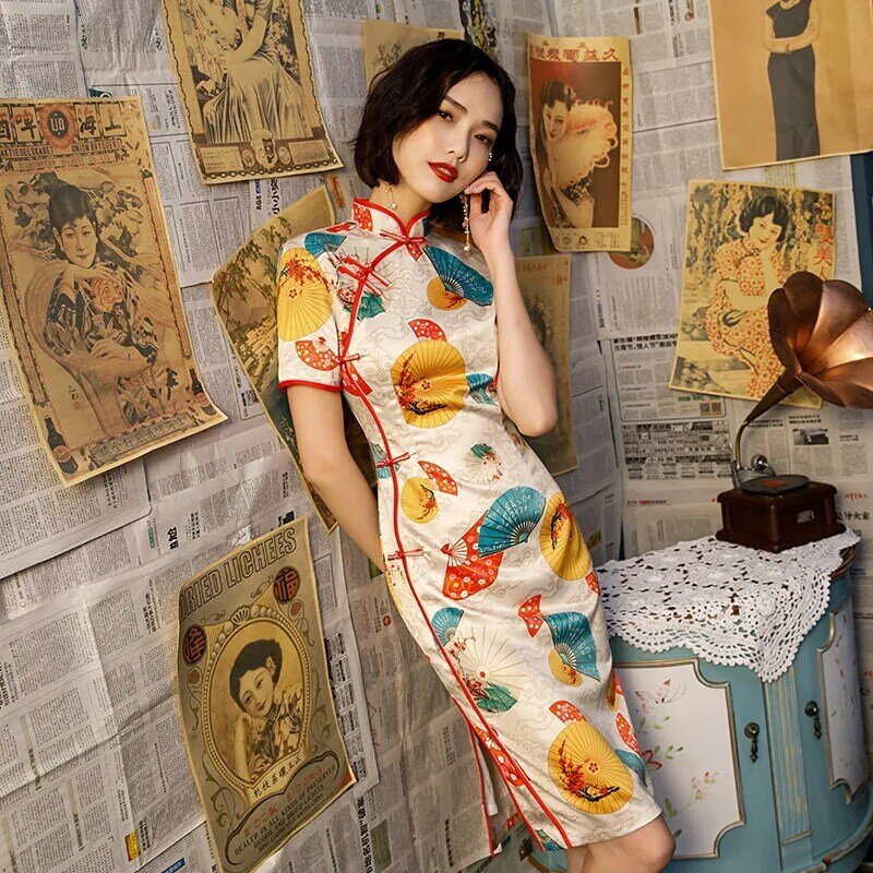 SHENG COCO Umbrella Fan Digital Print Silk Chinese Dress New Pattern Design Cheongsam Banquet Dress Women Chinese Qipao