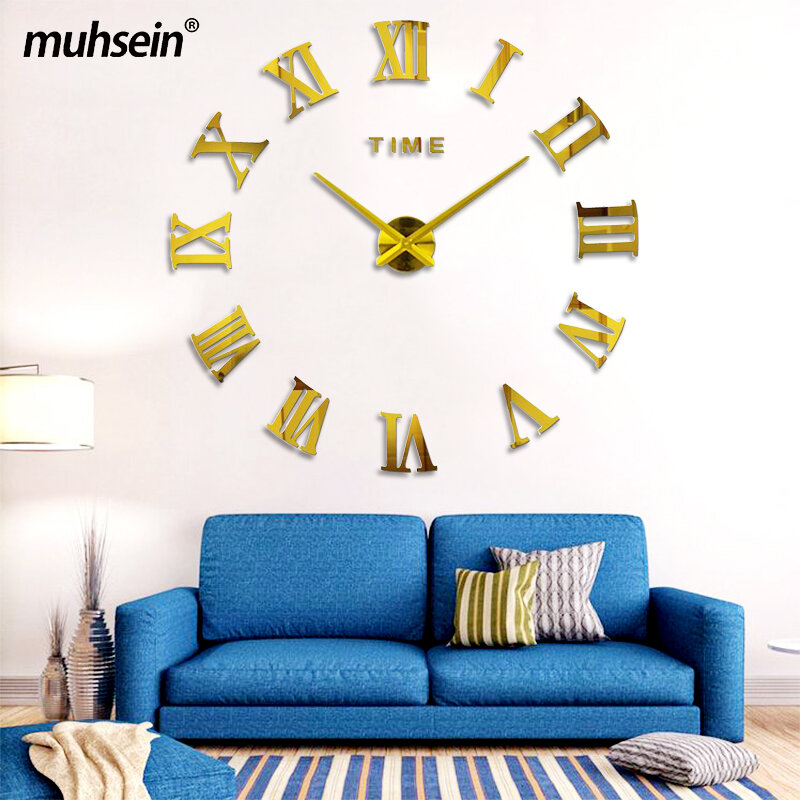 Muhsein現代の壁時計3Dローマ数字クロック大型diy壁ステッカー時計家の装飾ミュートクォーツ時計送料無料