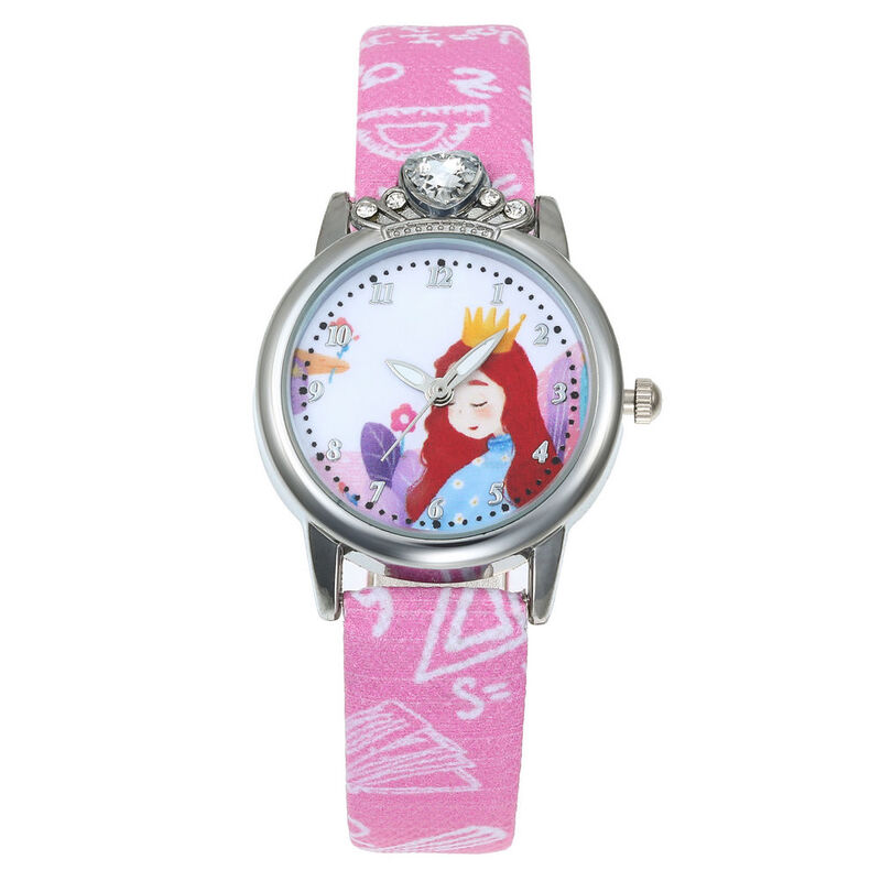 หญิงนาฬิกาเจ้าหญิงเด็กนาฬิกาสายหนังน่ารักเด็กการ์ตูนนาฬิกาข้อมือของขวัญสีชมพูสำหรับเด...