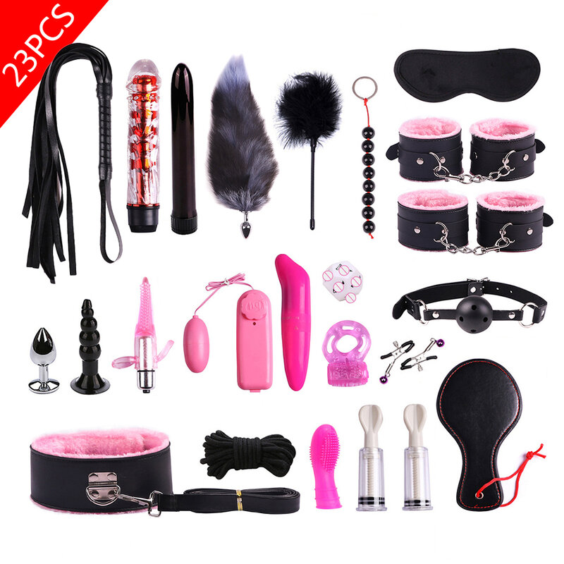 Porno Sex Toys BDSM Bondage Set Kits Handcuffs Nipple Clamps Whip Mouth Gag Anal Beads Butt Plug Bullet Vibrator Adult Games