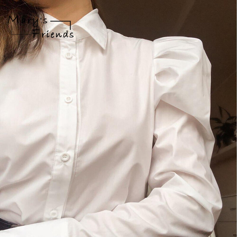 ماري فريندز قميص أبيض نفخة الأكمام فضفاضة بلوزة ربيع 2021 جديد ريترو كم طويل قميص المهنية زرر قميص