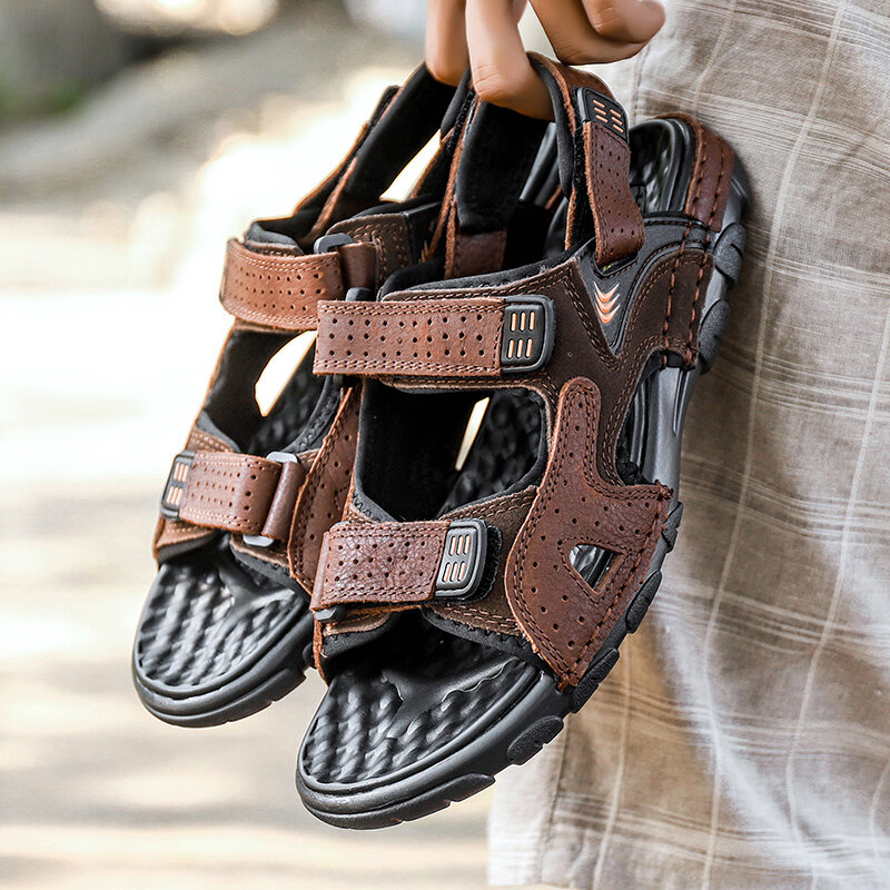 Sandalias de cuero romanas para hombre, zapatillas hechas a mano, zapatos de playa transpirables, calzado informal plano, para verano, 2020