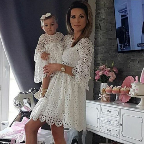 Family Matching Clothes Mother Daughter Dresses Women Floral Lace Dress Baby Girl Mini Dress Mom Baby Girl Party Clothes