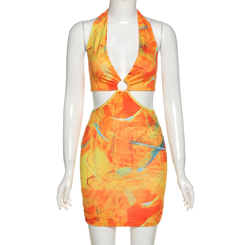 Пикантные Y2k платье 2021 Новое лето Цифровая печать с лямкой на шее с открытой спиной Платья для женщин модные женские вечерние Клубные наряды
