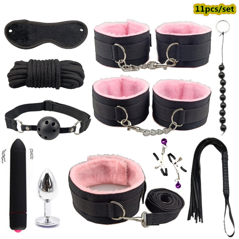 Brinquedos sexuais do sexo dos jogos do sexo do vibrador da tomada anal do metal do chicote das algemas ajustadas da engrenagem da escravidão do sexo dos adultos