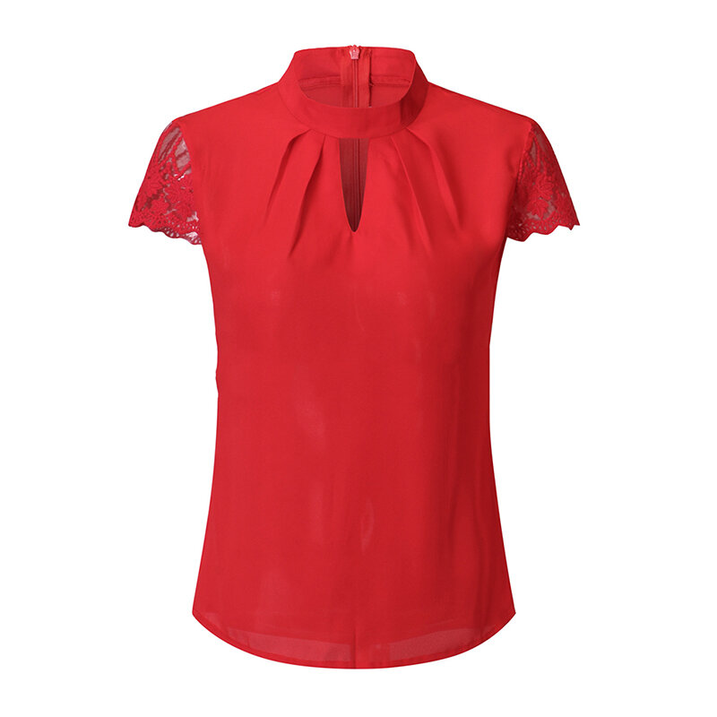 夏の女性のシフォンブラウススタンド襟レース半袖エレガントな女性のシャツレースパッチワークブラウスセクシーなシャツ