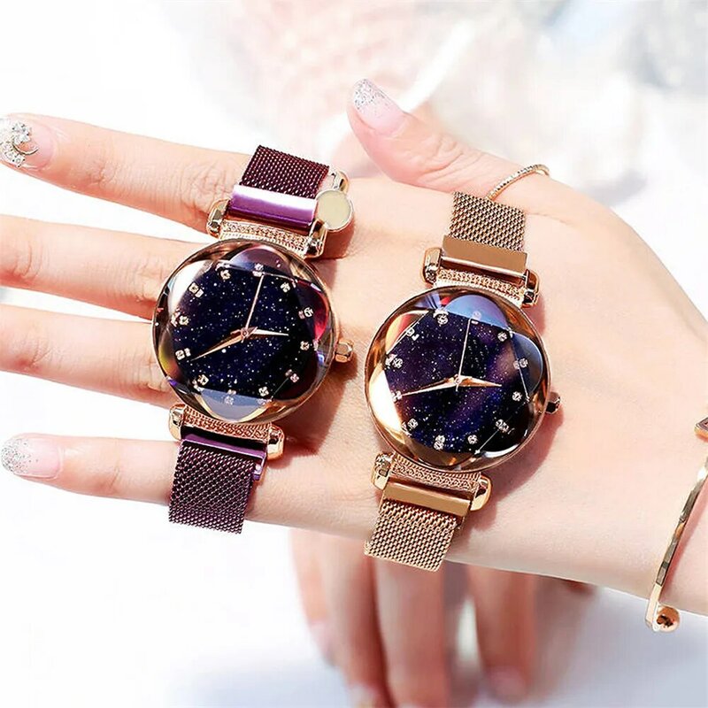 2021 nuevo de lujo de las mujeres relojes de moda elegante imán hebilla oro rosa señoras reloj de cielo estrellado de diamantes regalo de reloj de cuarzo 201