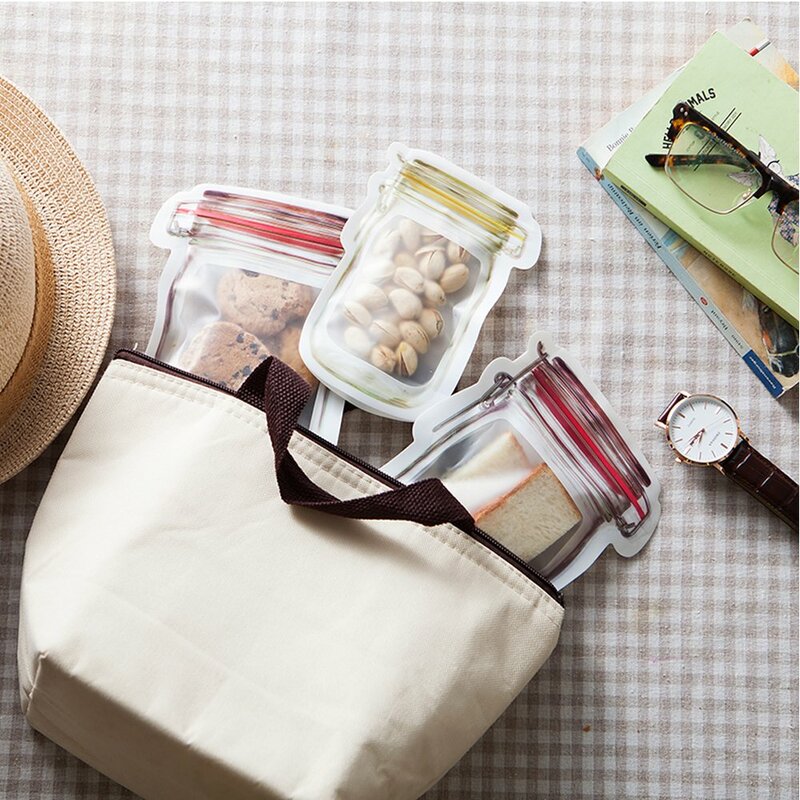 Portable Zipper Food Snack Bag Reusable Mason Jar Bags Plastic Portable Seal Food Saver Storage Bags Sandwich Ziplock Bag
