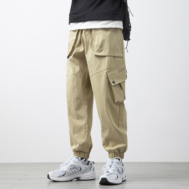 2021 New Spring Fashion Multi-Pockets Khaki Black Men's Cargo Jogger Pants Streetwear Casual Baggy Trousers