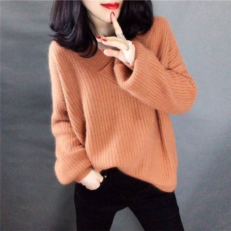 De moda pulóver sudadera para mujer de Otoño de 2020 de algodón con cuello en V de punto caliente marea gruesa invierno coreano Casual elegante Simple Tops