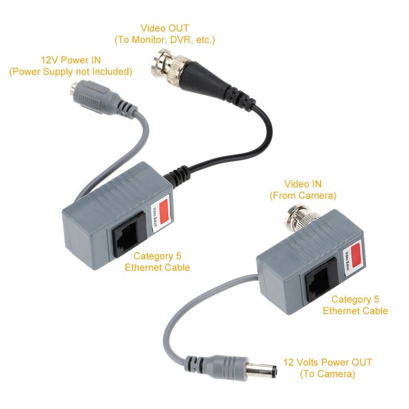 Balum de vídeo passivo cctv, 5 pares, bnc para rj45, transceptor de energia conectores para rj45 bnc macho para câmera cctv