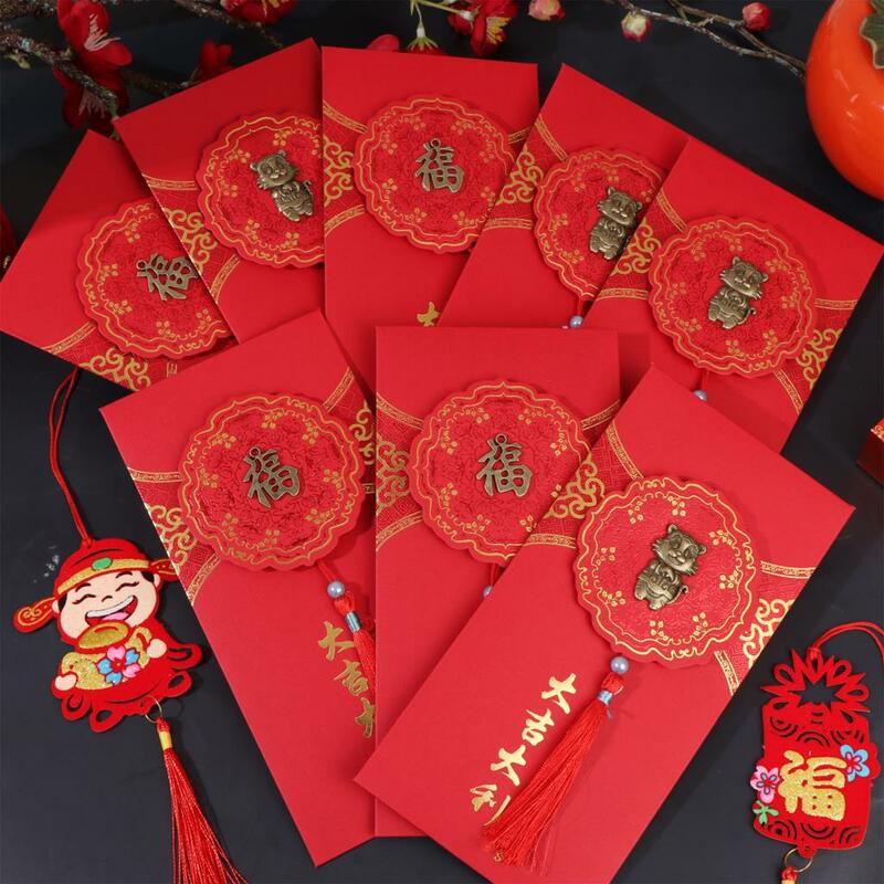 Hongbao-sobre rojo para dinero de la suerte, 8 piezas, Año Nuevo Chino, 2022, patrones tradicionales en relieve