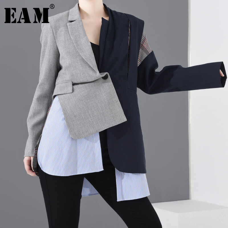 [EAM] 여성 블루 체크 무늬 비대칭 빅 사이즈 블레이저, 새로운 라펠 긴 소매 루즈핏 재킷 패션 봄 가을 2021 1N90102