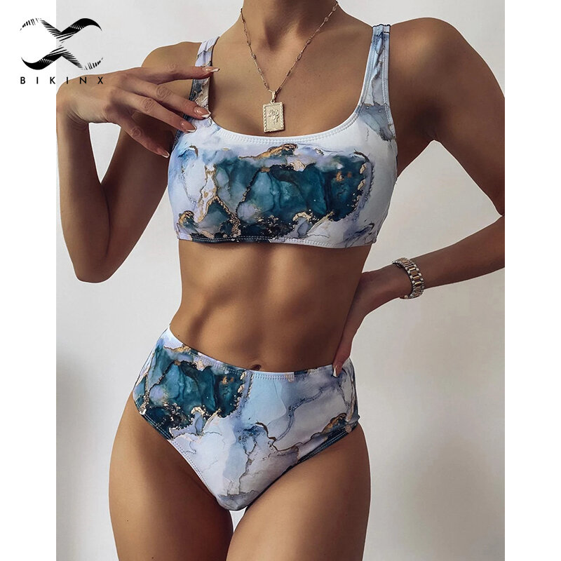 Roupa de banho feminina estilo bandeau, biquíni sexy de cintura alta com estampa de mármore, moda praia 2021