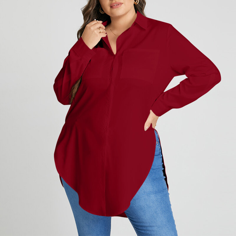Celmia-Tops elegantes de manga larga para mujer, camisas holgadas informales de talla grande, blusas con dobladillo dividido, túnicas lisas para mujer 2022