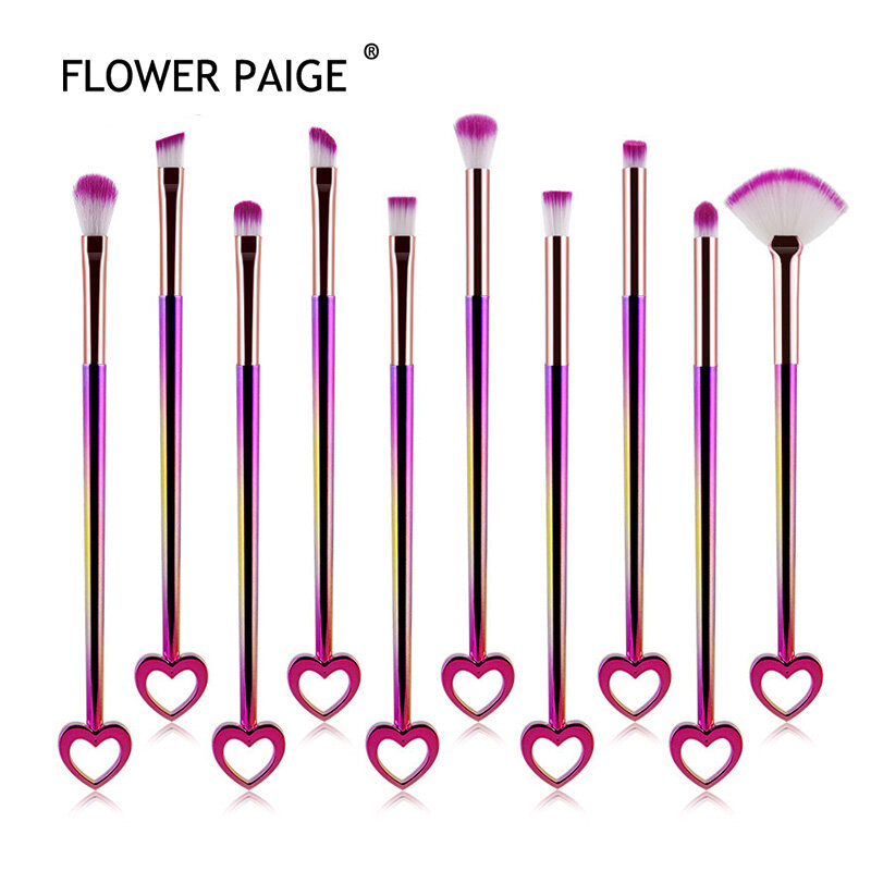 Kit de pincéis de maquiagem em forma de coração flor page, 10 peças, kit de ferramentas de beleza para base, sobrancelha, pó, sombra