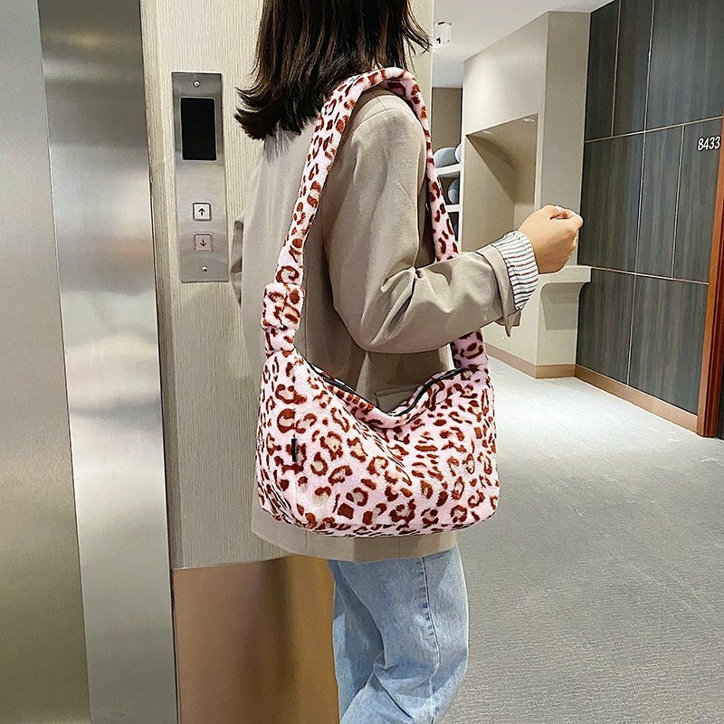 Winter Soft Warm Plush  Bags For Women 2020 Luxury Faux Fur Leopard Cow Pattern purple Shoulder Bag Fashion Female Tote Bag