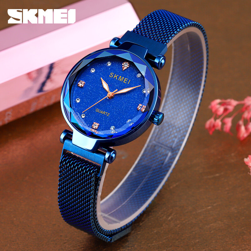 SKMEI Starry Fashion Women Watches Full Stainless Steel Magnet Strap Ladies Quartz Wrist Watch Thin Elegant Montre Femme Q022