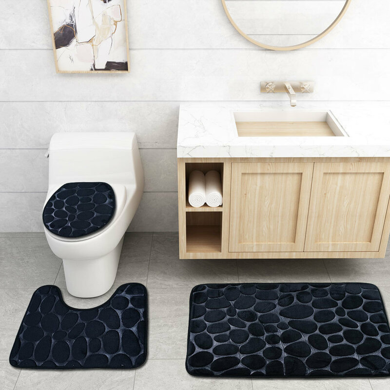 Black 3D Cobblestone Bathroom Mat Toilet Covers Solid Color 3pcs/set Bath Floor Carpets For Home Decor Quality Foot Pad Doormats