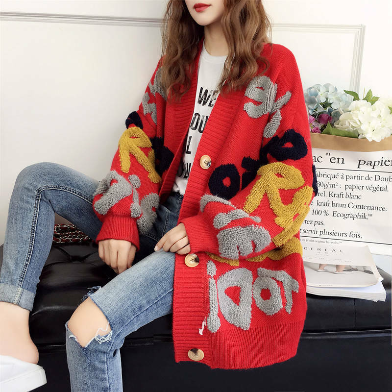 Winter knitted letter cardigan sweater coat 2021 new thickened cute cartoon embroidery V-neck cardigan women's jacket
