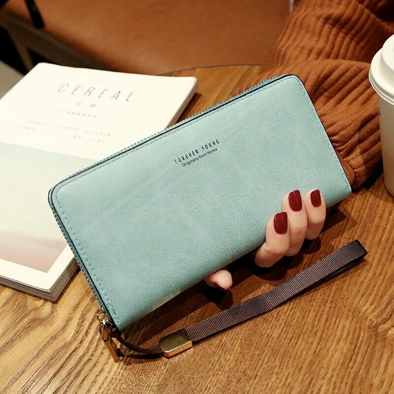 Nadgarstek portfel ze skóry Pu dla kobiet koreański moda długa kopertówka na telefon panie pojemnik na kartę bankową z portmonetka na monety na zamek