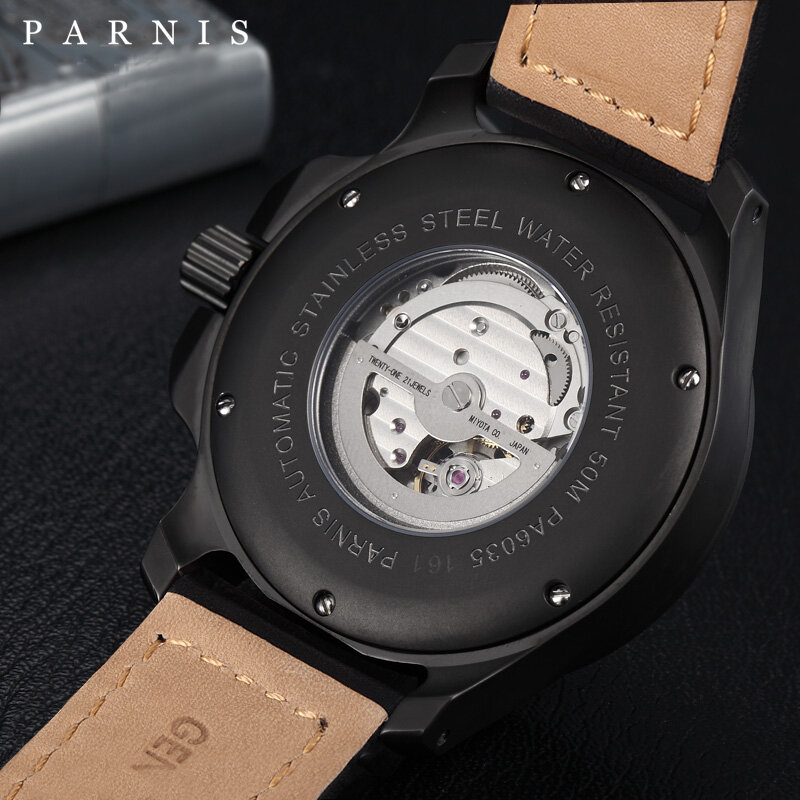 Parnis-reloj de pulsera automático para hombre, cronógrafo mecánico con caja negra de 47mm, cristal de zafiro, correa de cuero, regalo, 2022