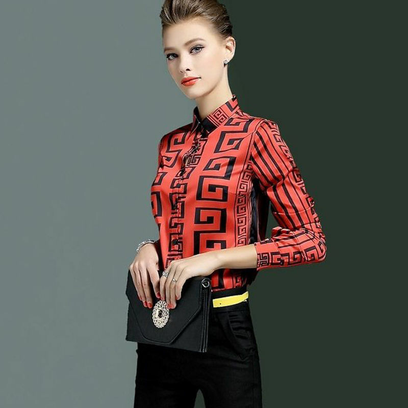 여성 2021 봄과 가을 새로운 패션 인쇄 옷깃 긴 소매 셔츠 슬림 셔츠 여성