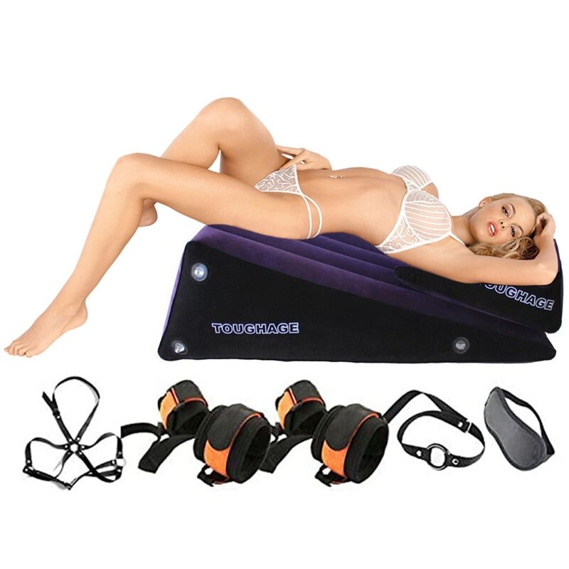 Toughage-rampa de cuña para inflar, Combo de almohadas de soporte contorneado con Kit de esposas para juego de Bondage BDSM para pareja